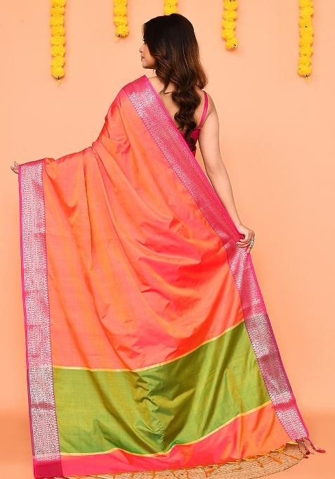 Pink Orange Handloom Silk Saree Set
