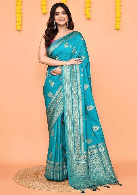 Turquoise Handloom Silk Saree Set