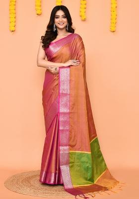 Pastel Pink Yellow Handloom Silk Saree Set