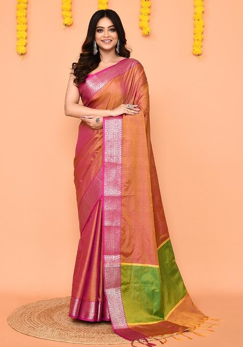 Pastel Pink Yellow Handloom Silk Saree Set