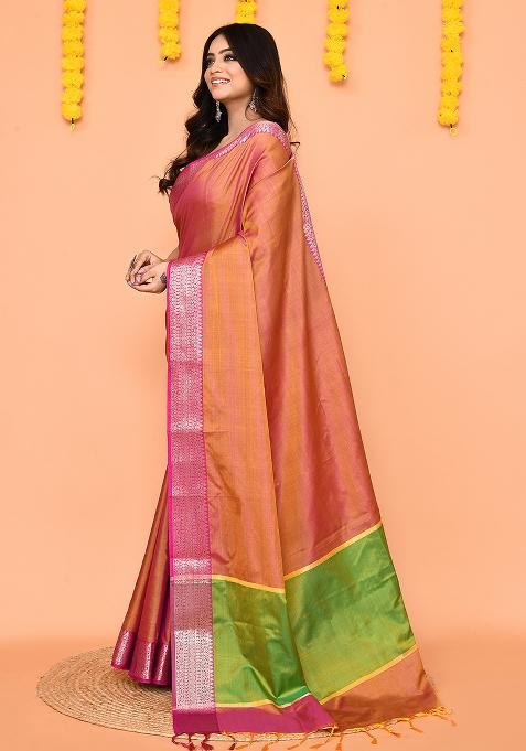 Pastel Pink Yellow Handloom Silk Saree Set