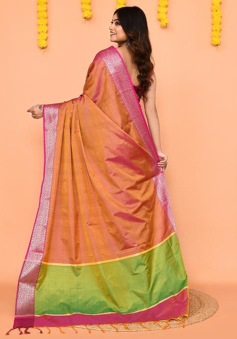 Pastel Pink Yellow Handloom Silk Saree Set