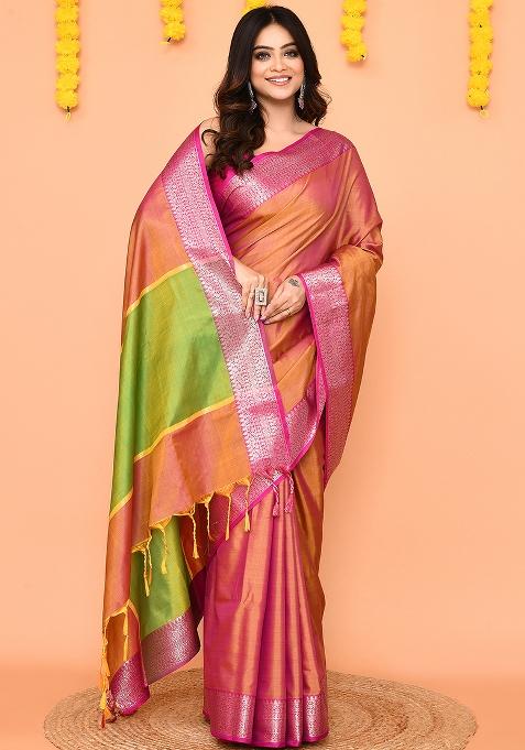 Pastel Pink Yellow Handloom Silk Saree Set