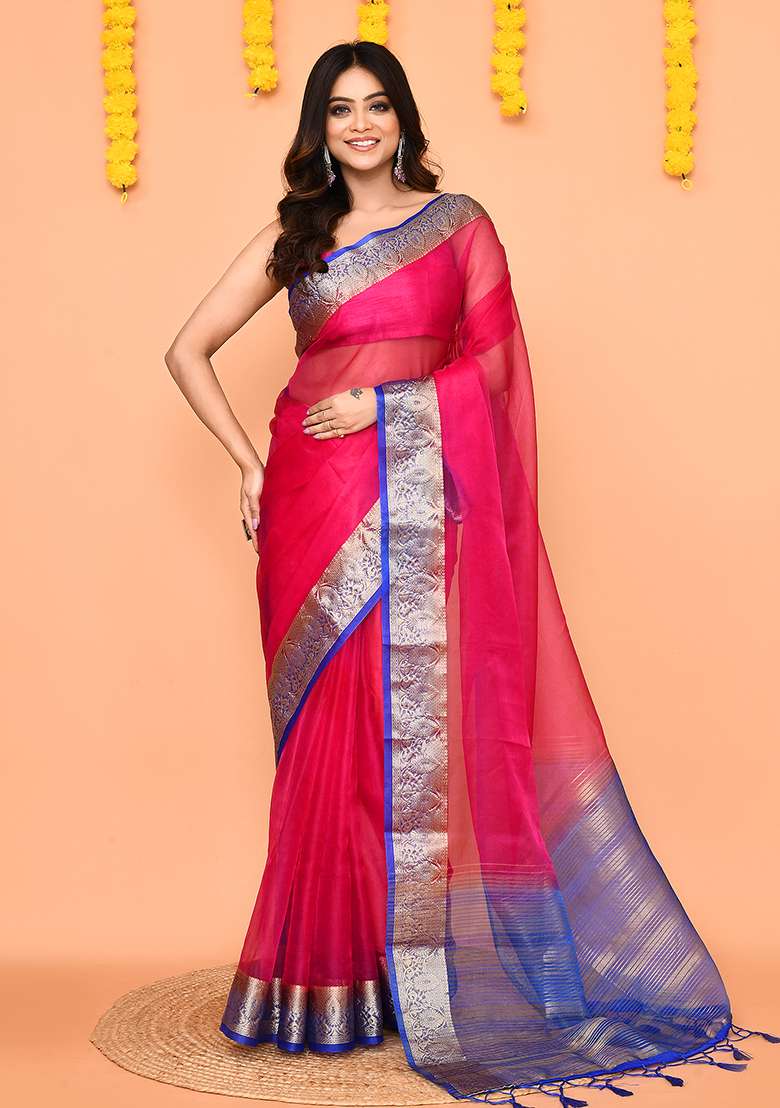 Rani Pink Handloom Organza Saree Set for Diwali | Wedding & Festive Wear - Indya