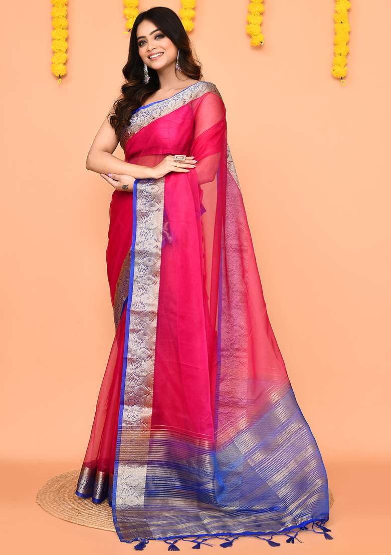 Rani Pink Handloom Organza Saree Set for Diwali | Wedding & Festive Wear - Indya