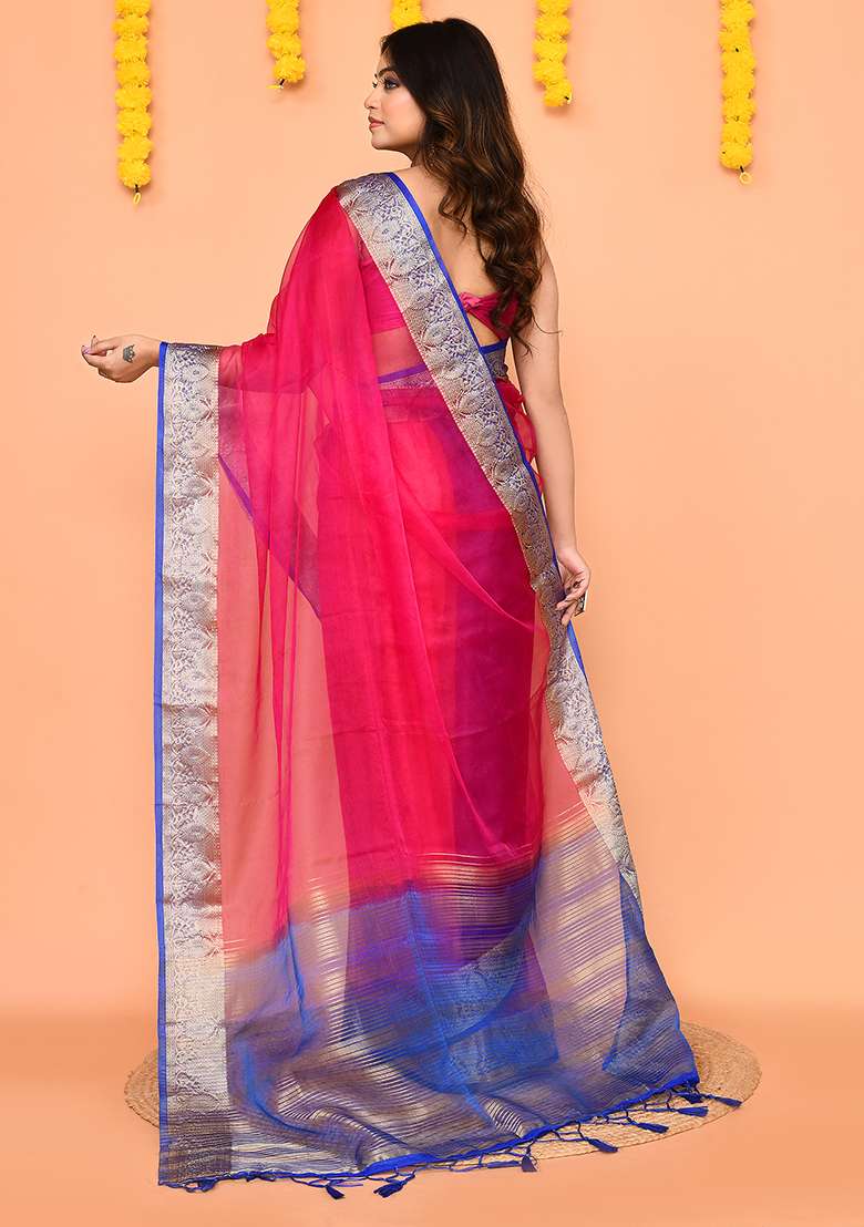Rani Pink Handloom Organza Saree Set for Diwali | Wedding & Festive Wear - Indya