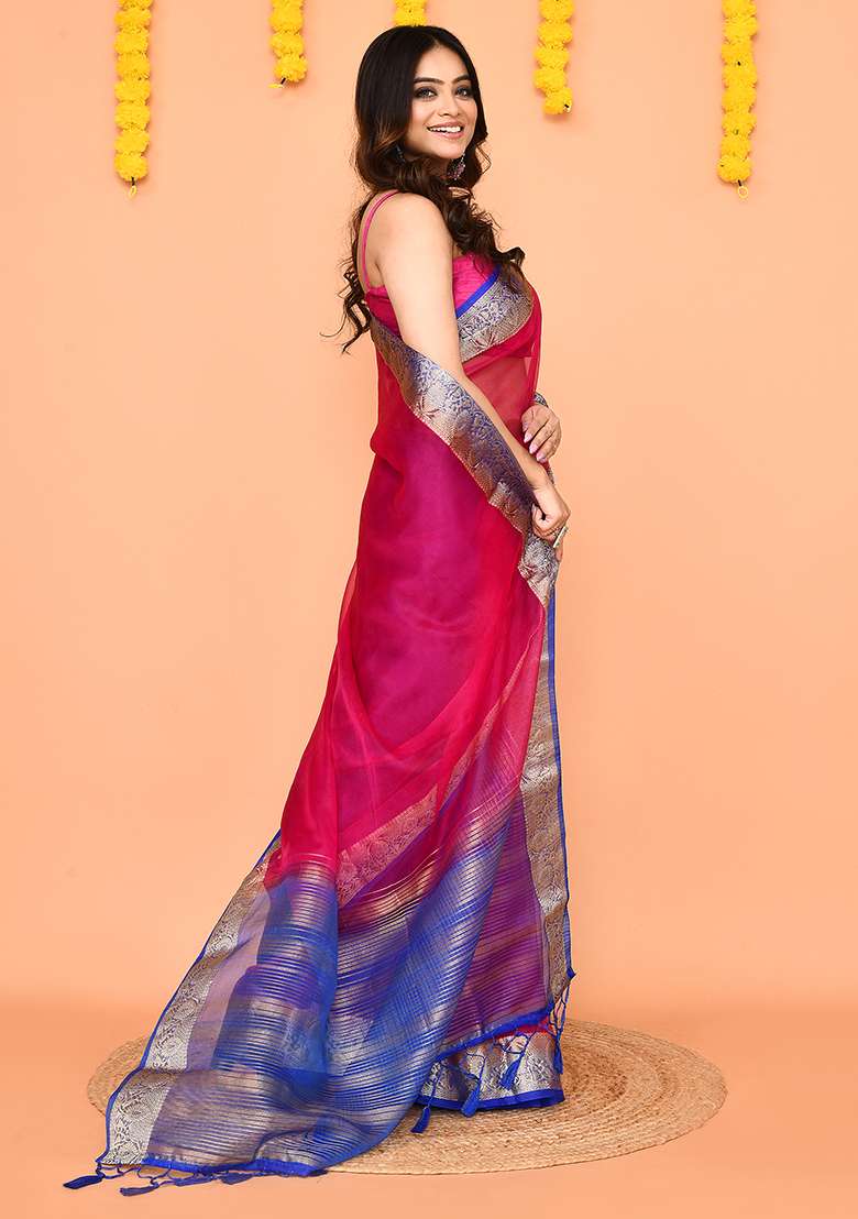 Rani Pink Handloom Organza Saree Set for Diwali | Wedding & Festive Wear - Indya