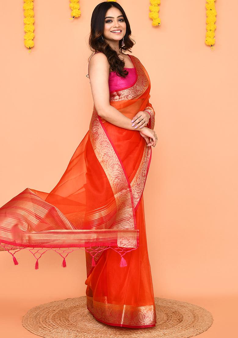 Orange Handloom Organza Saree Set - Indya