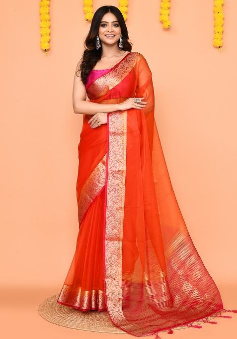 Orange Handloom Organza Saree Set
