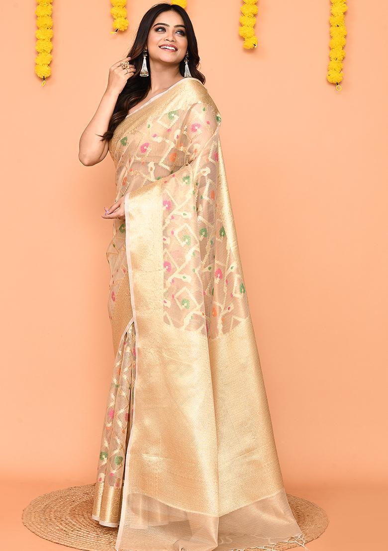 Beige Handloom Silk Saree Set - Indya