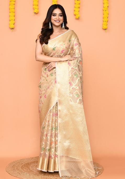 Beige Handloom Silk Saree Set