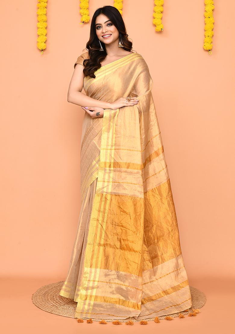 Beige Handloom Tissue Saree Set