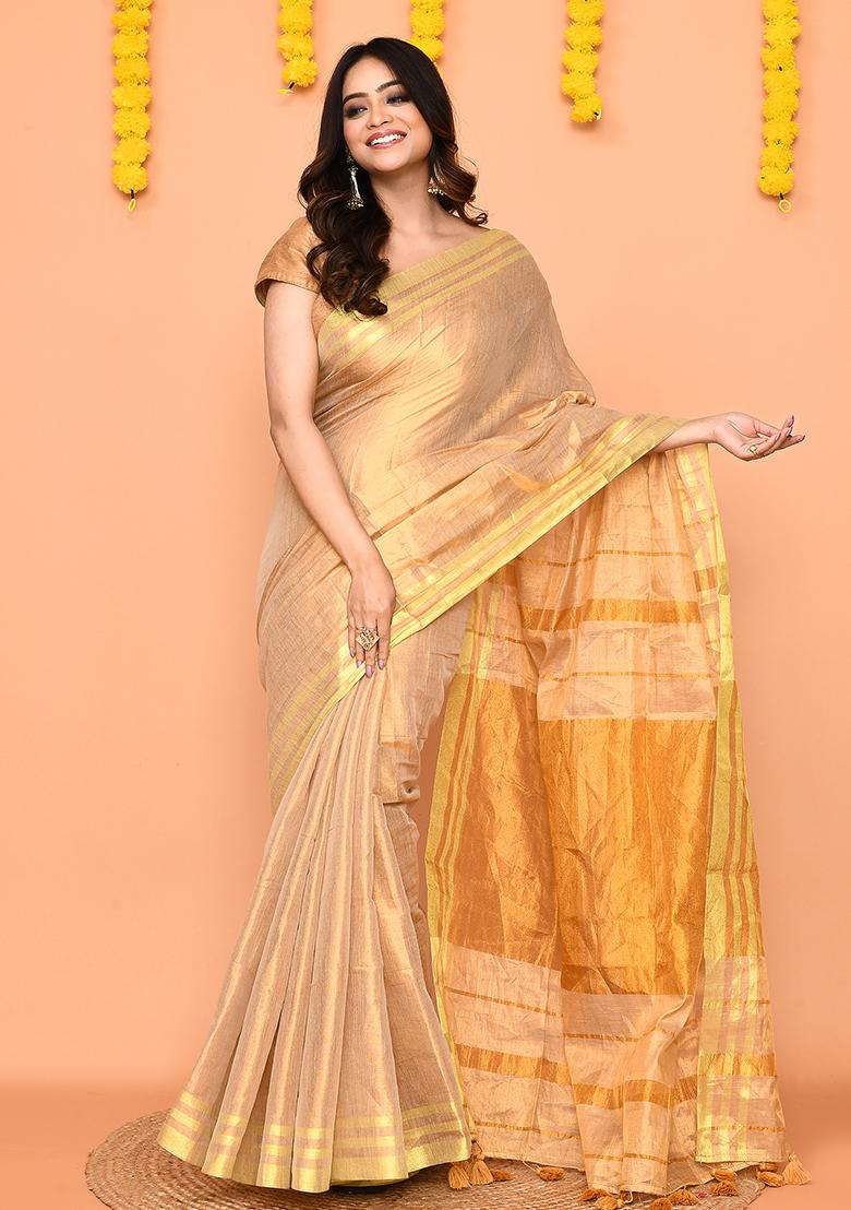 Beige Handloom Tissue Saree Set