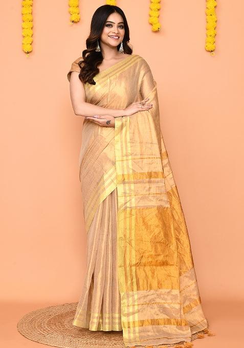 Beige Handloom Tissue Saree Set