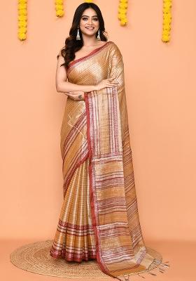 Beige Printed Tissue Saree Set