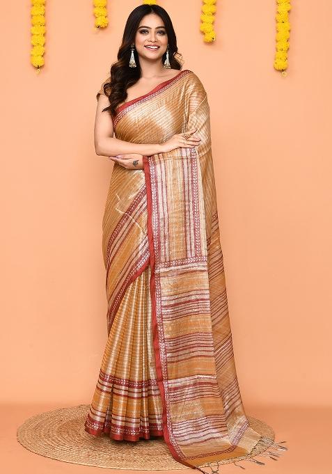 Beige Printed Tissue Saree Set