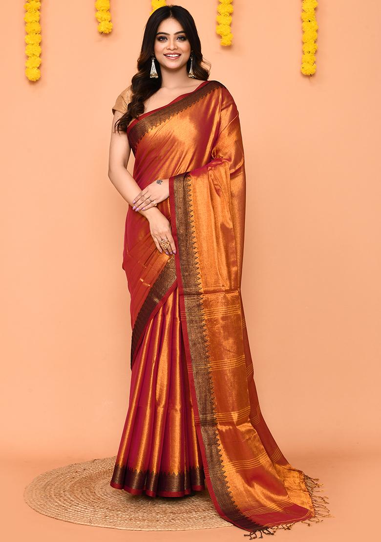 Pink Yellow Handloom Tissue Saree Set
