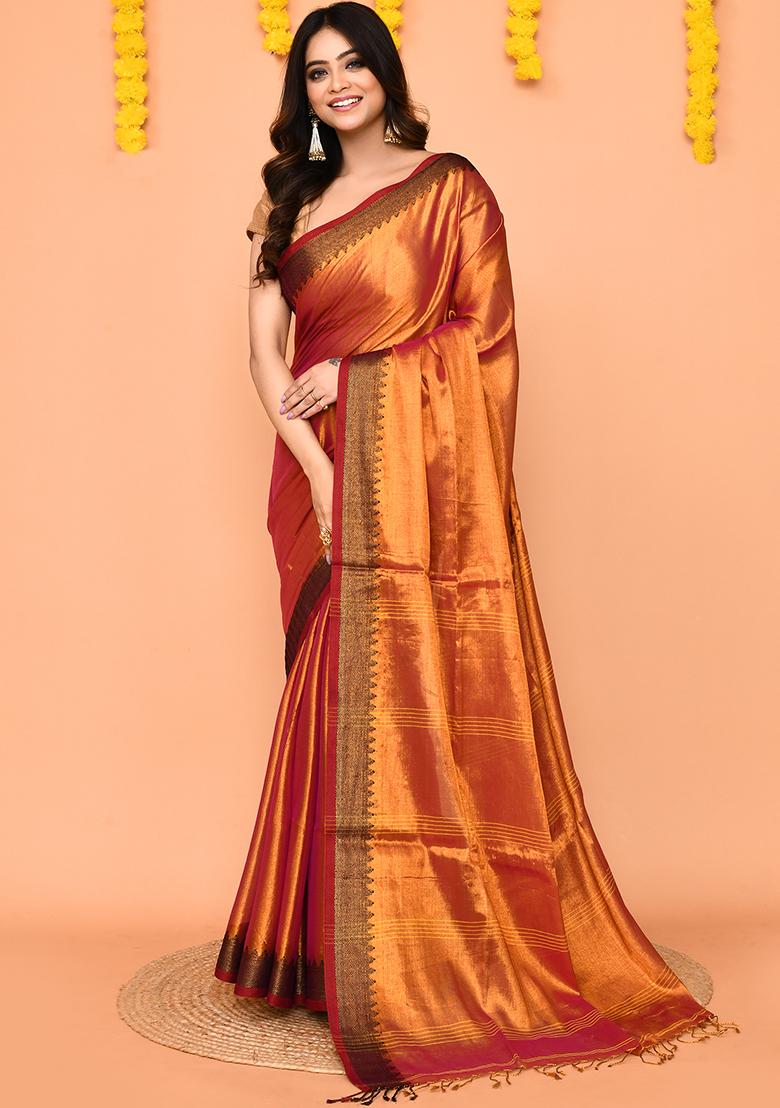 Pink Yellow Handloom Tissue Saree Set
