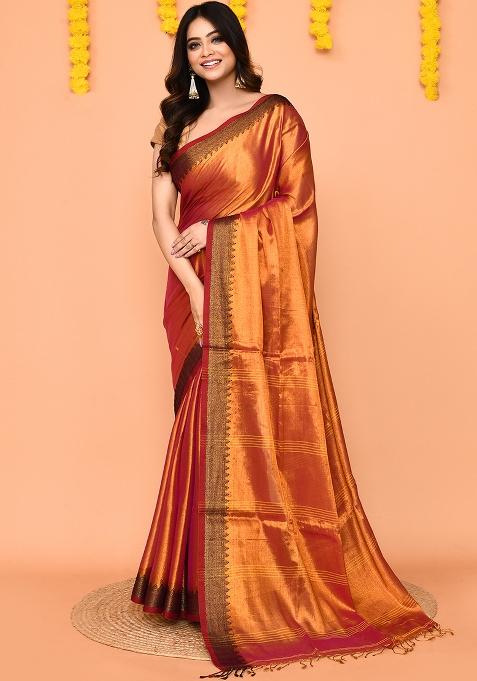 Pink Yellow Handloom Tissue Saree Set
