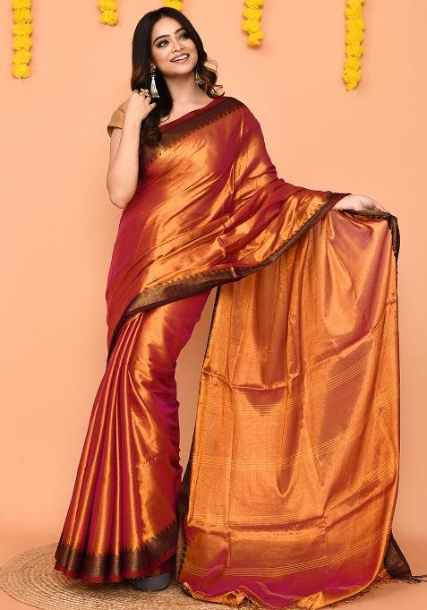 Pink Yellow Handloom Tissue Saree Set