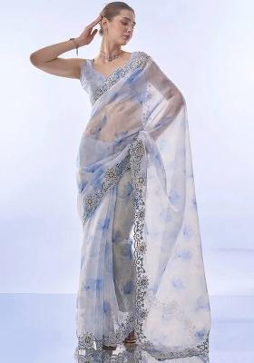 Sky Embroidered Silk Saree Set