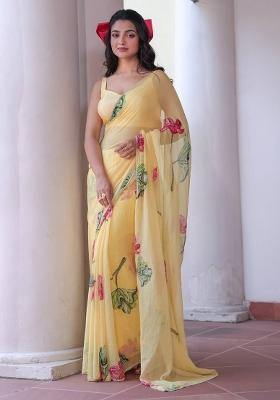 Yellow Embroidered Silk Saree Set