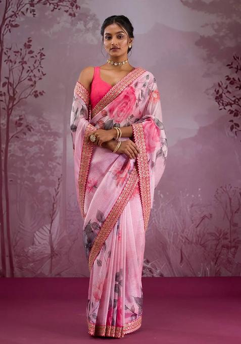Pink Embroidered Silk Saree Set