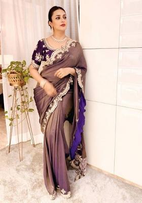 Purple Embroidered Silk Saree Set