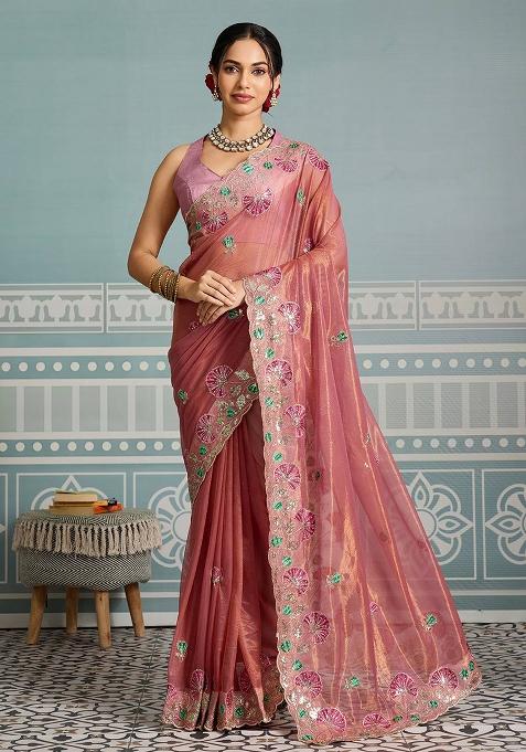 Peach Embroidered Net Saree Set