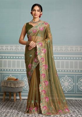 Mehendi Embroidered Net Saree Set