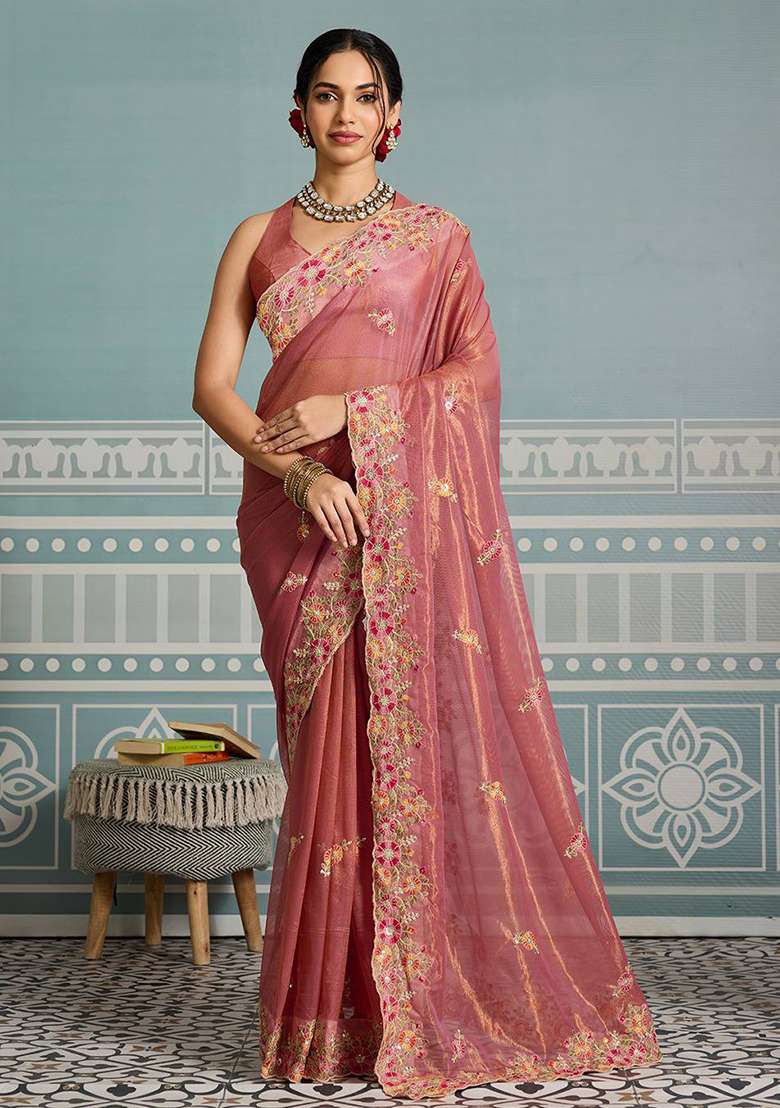 Peach Net Saree Set with Embroidered for Diwali | Wedding & Festive Wear - Indya