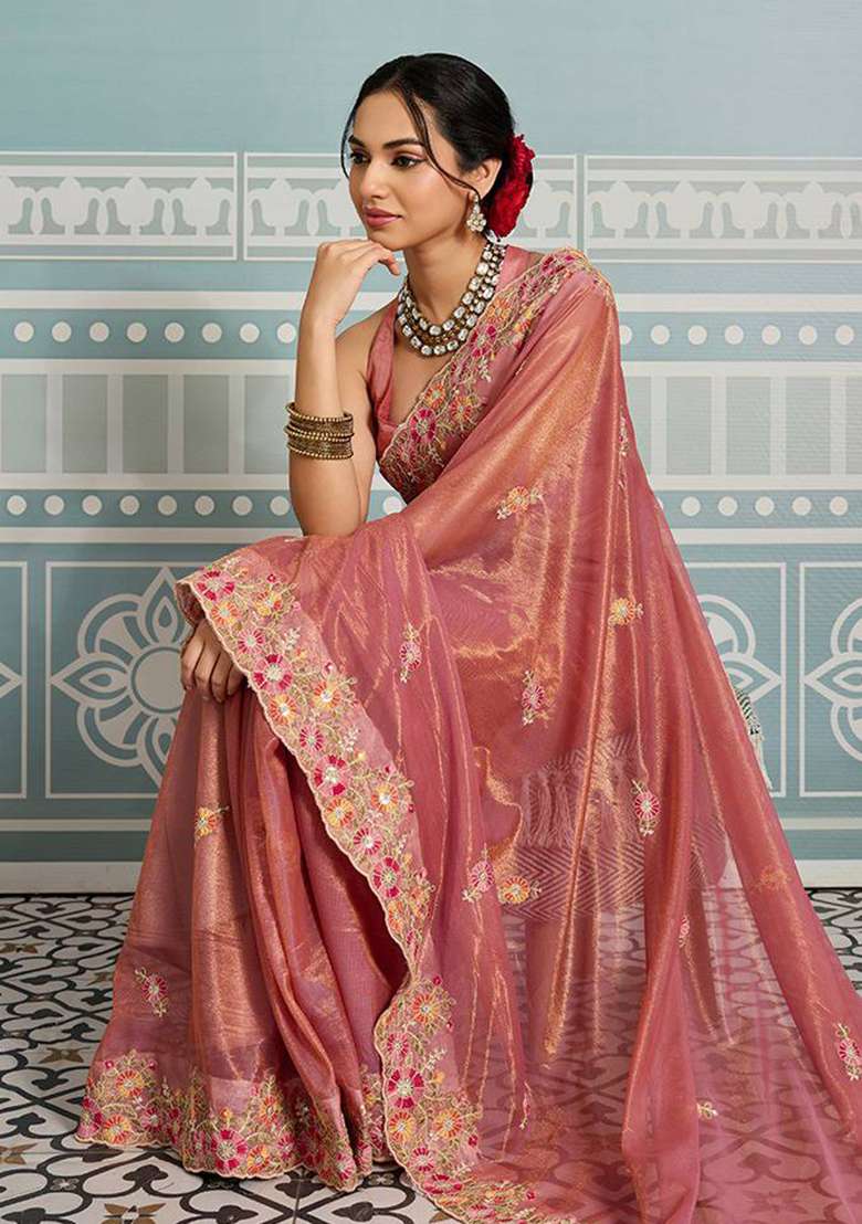 Peach Net Saree Set with Embroidered for Diwali | Wedding & Festive Wear - Indya