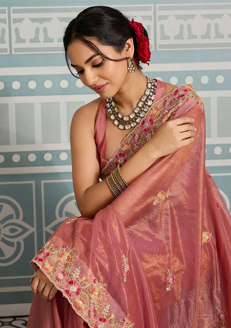 Peach Net Saree Set with Embroidered for Diwali | Wedding & Festive Wear - Indya