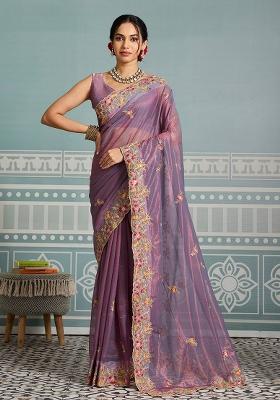 Purple Embroidered Net Saree Set