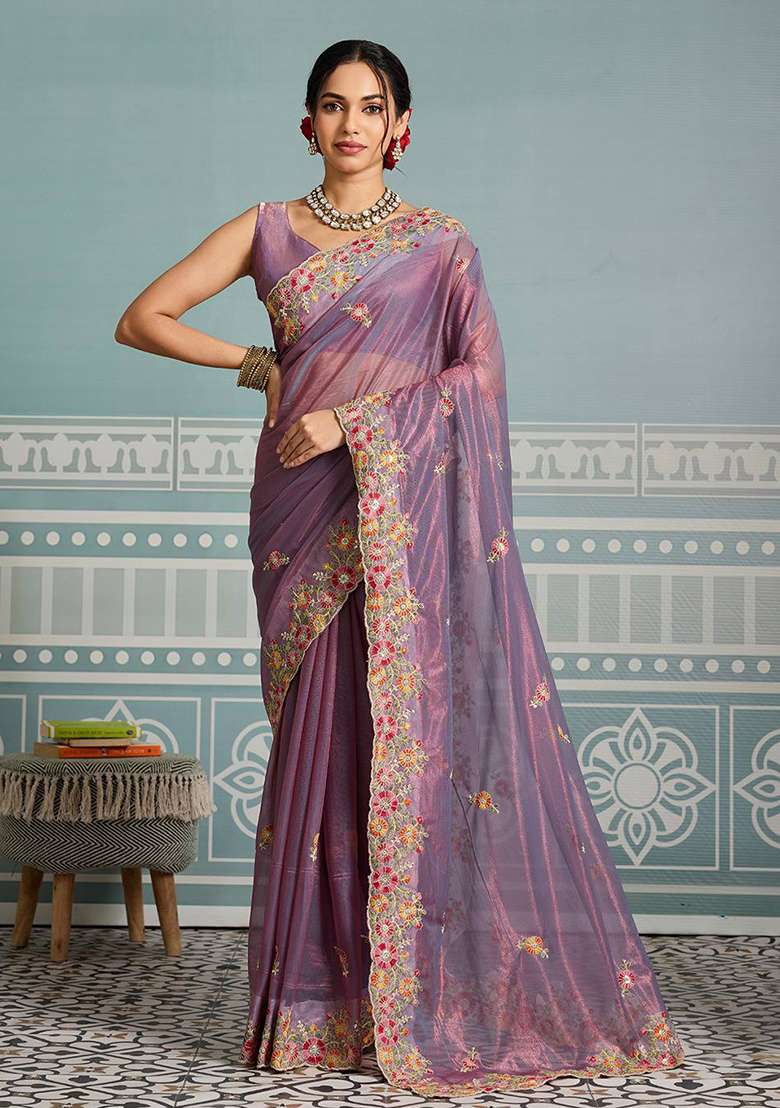 Purple Embroidered Net Saree Set for Diwali and Festive Wear - Indya