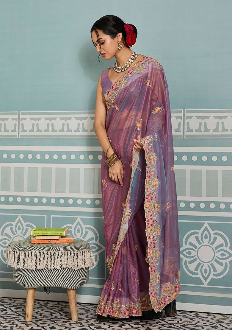 Purple Embroidered Net Saree Set for Diwali and Festive Wear - Indya