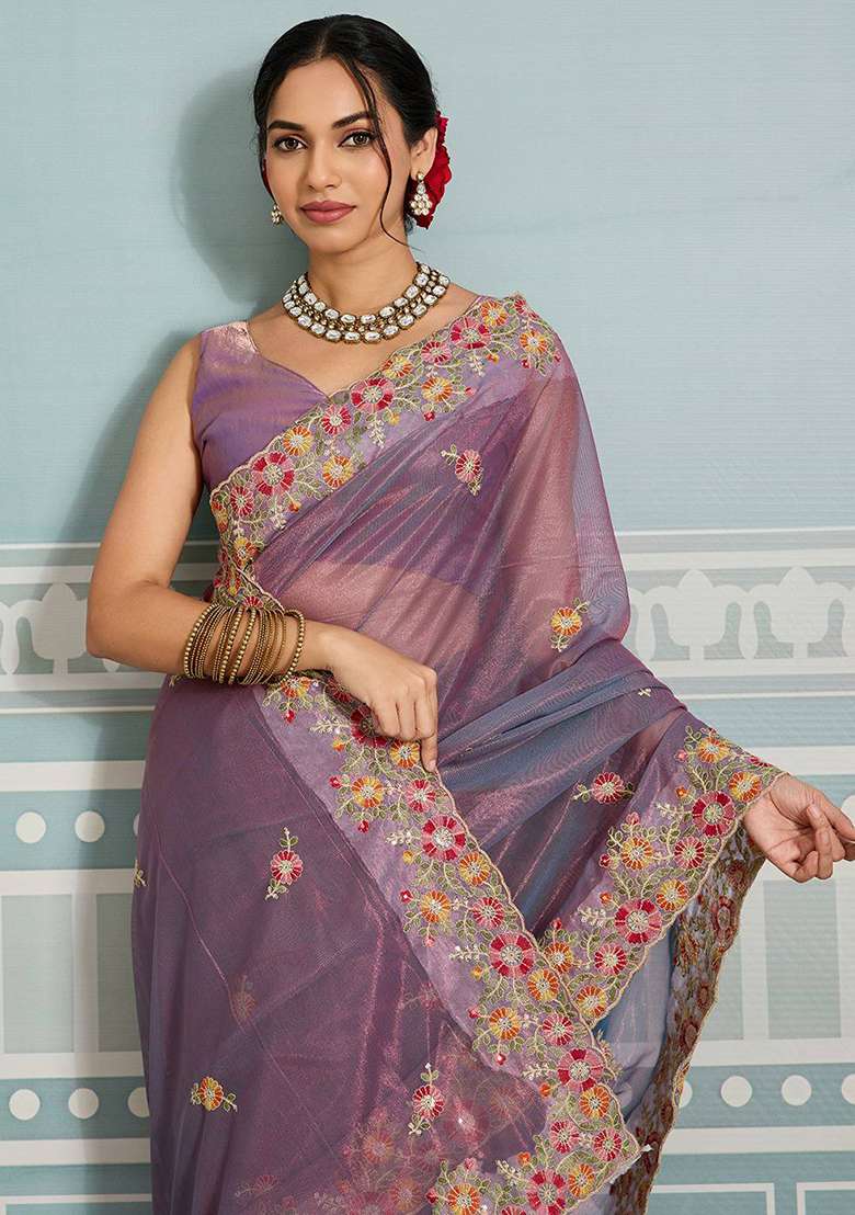 Purple Embroidered Net Saree Set for Diwali and Festive Wear - Indya