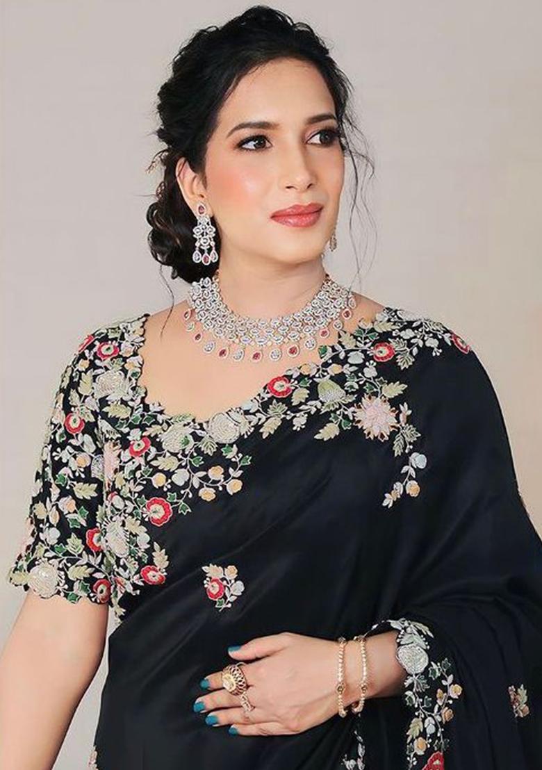 Black Embroidered Georgette Saree Set - Indya