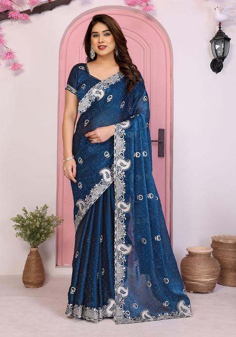 Teal Embroidered Silk Saree Set