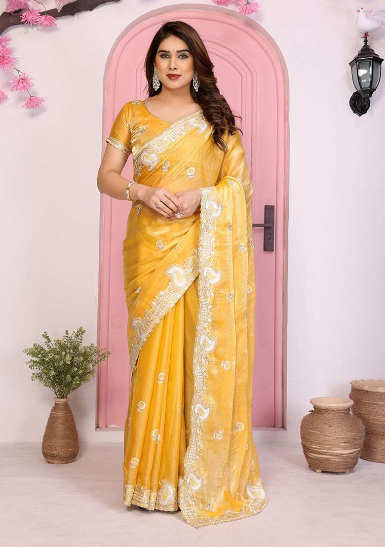 Yellow Embroidered Silk Saree Set - Indya