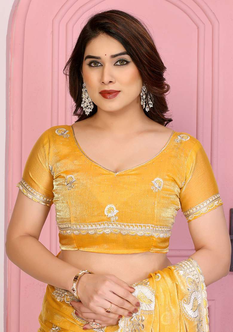 Yellow Embroidered Silk Saree Set - Indya