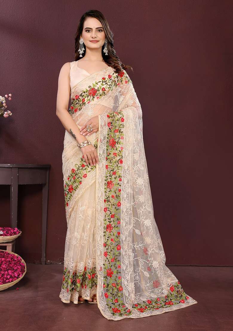 Cream Net Saree Set with Embroidered for Diwali | Wedding & Festive Wear - Indya