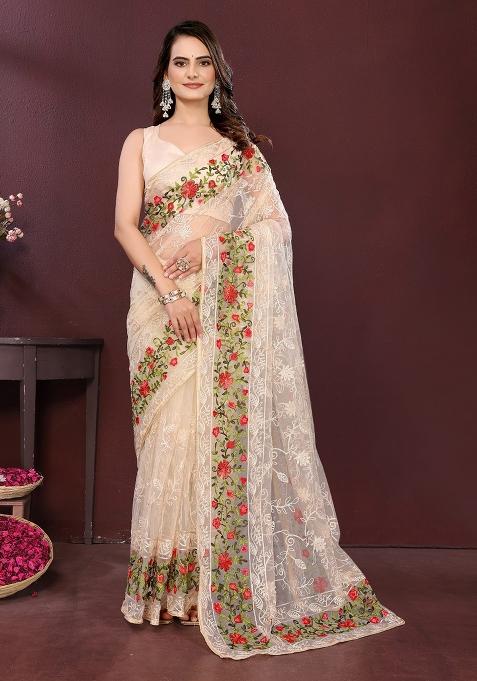 Cream Embroidered Net Saree Set