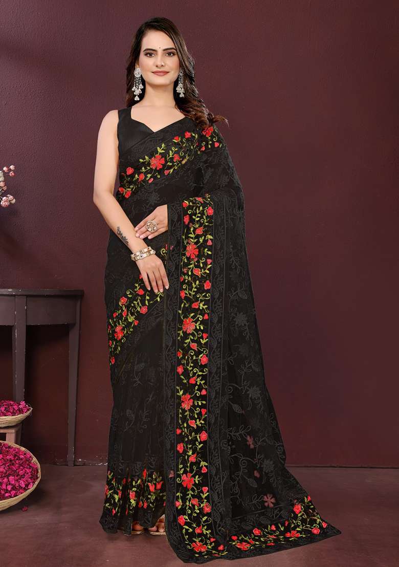 Cream Embroidered Net Saree Set for Diwali and Festive Wear - Indya