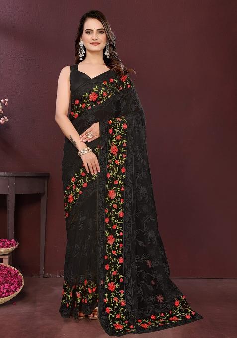 Cream Embroidered Net Saree Set