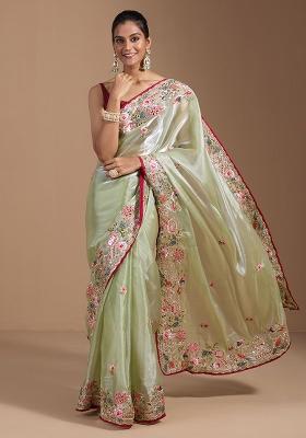 Green Embroidered Blended Saree Set