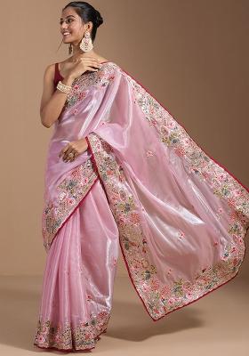 Pink Embroidered Blended Saree Set
