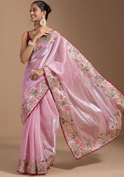 Pink Embroidered Blended Saree Set