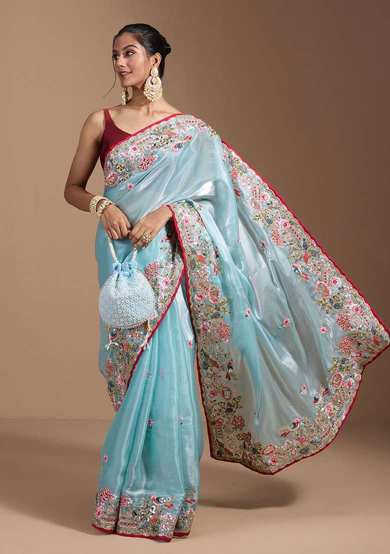 Sky Embroidered Blended Saree Set for Diwali and Festive Wear - Indya