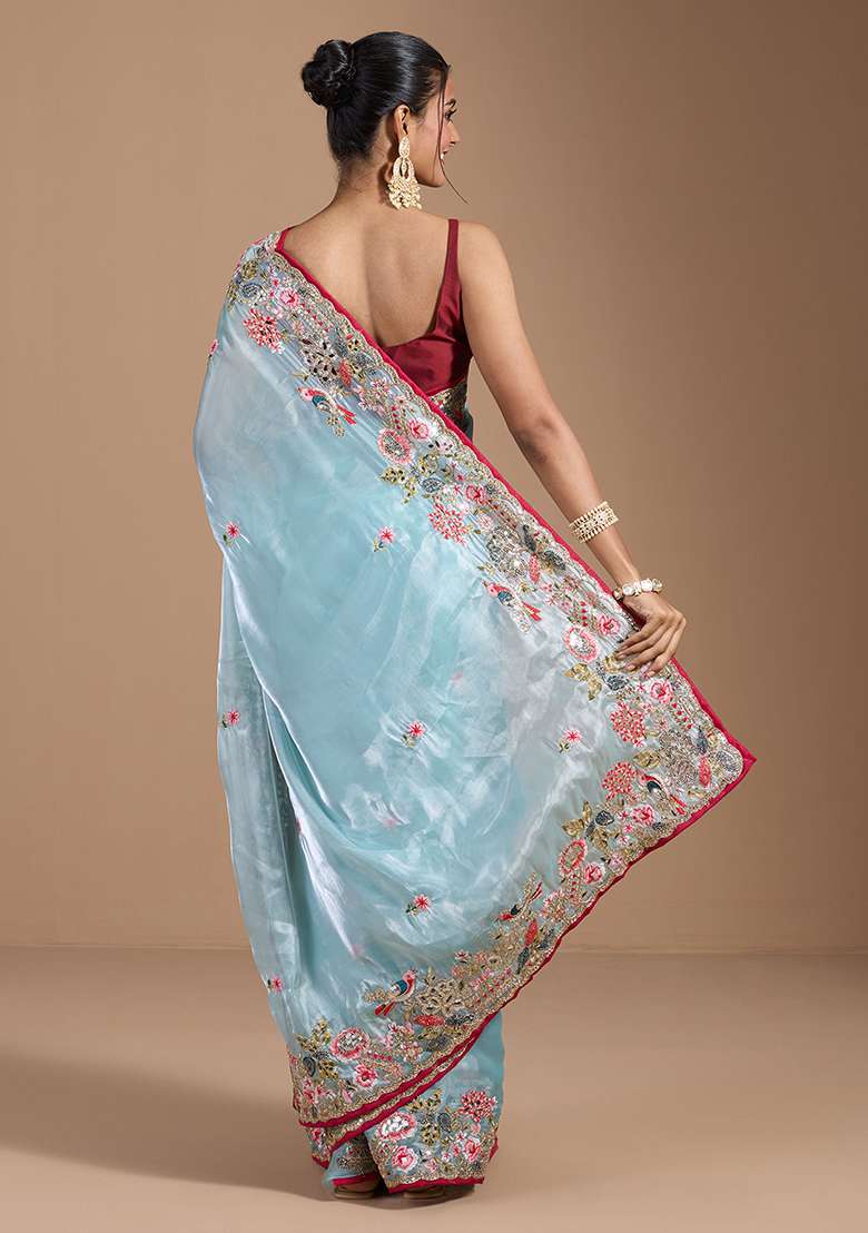 Sky Embroidered Blended Saree Set for Diwali and Festive Wear - Indya